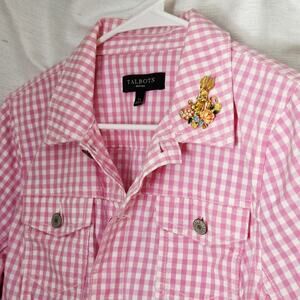 Talbots Pink Gingham Large Petite Spring Jacket & VTG Easter Bunny Brooch 1960's